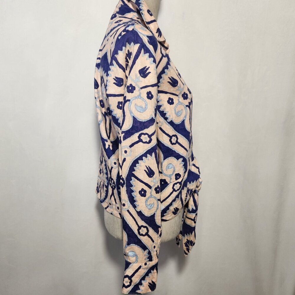 Christian Siriano NY Women's Size L Linen Blend Floral Tie Front Button Down Top - Picture 10 of 16